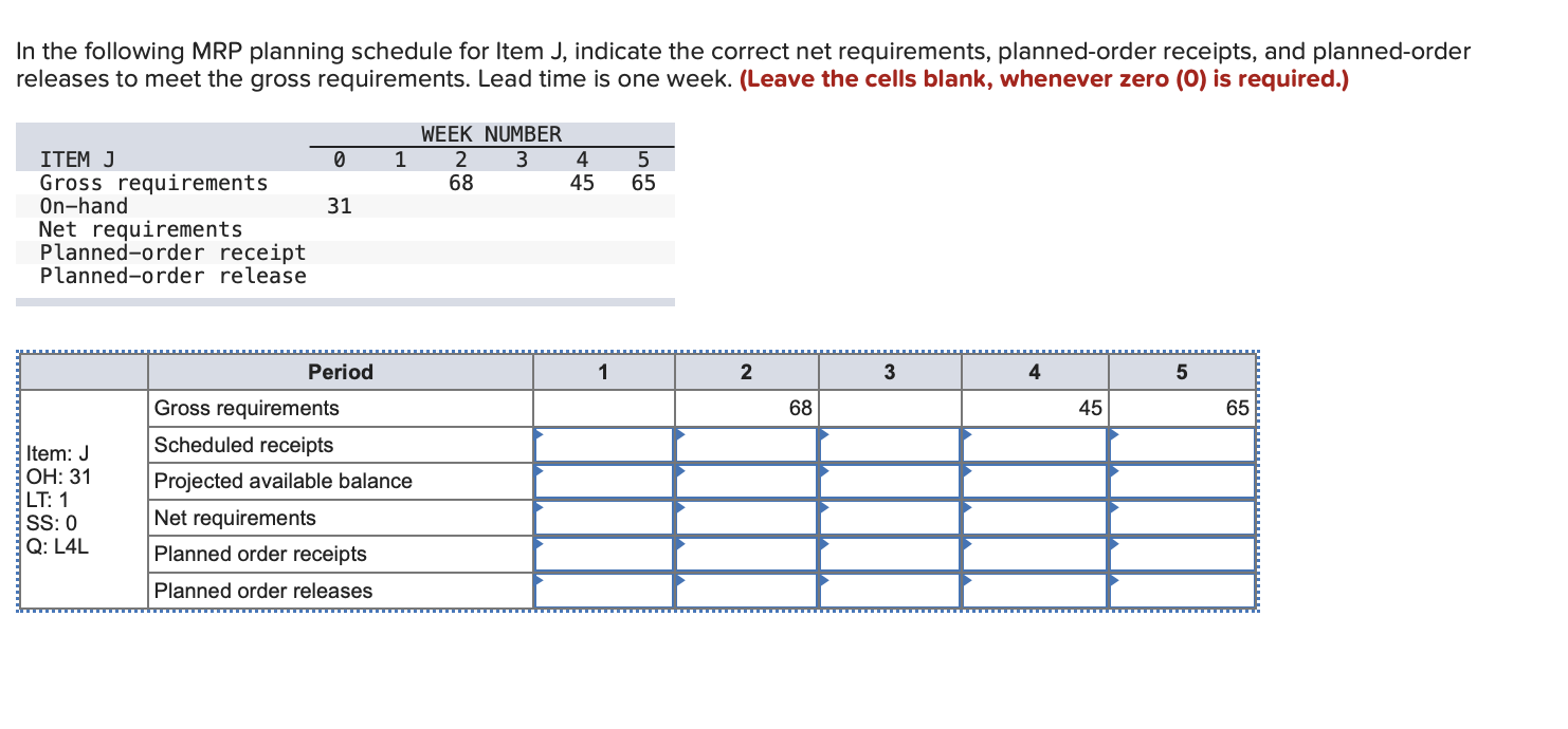 In the following MRP planning schedule for Item
