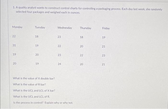 1. A quality analyst wants to construct control
