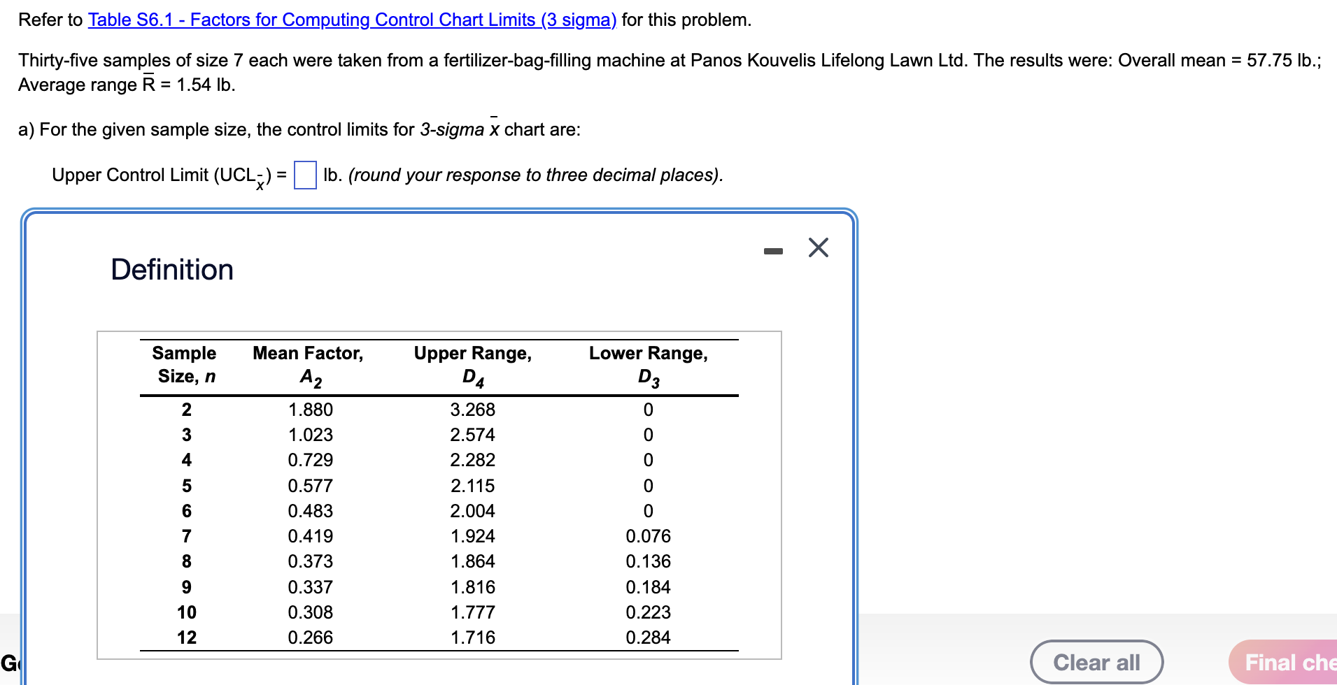 question 2 Refer to Table S6.1 - Factors for