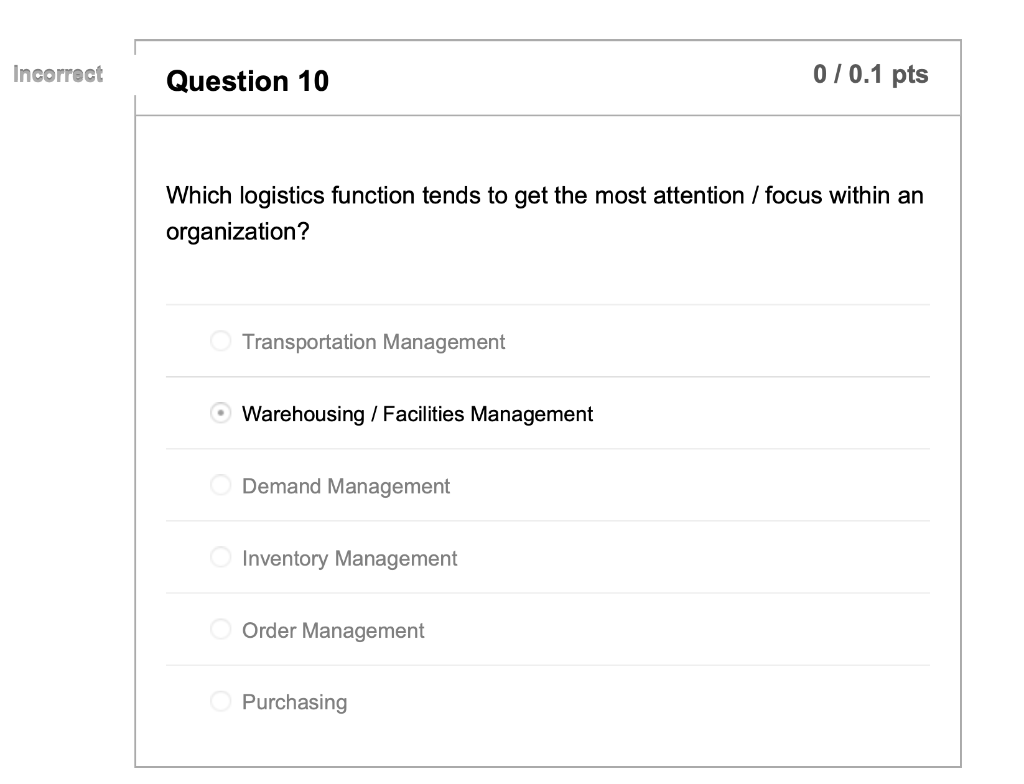 Incorrect Question 10 0 / 0.1 pts Which logistics