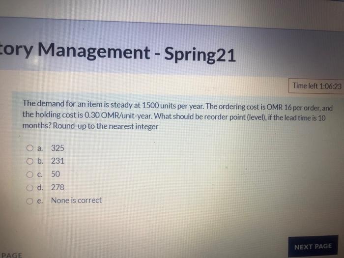 Cory Management - Spring21 Time left 1:06:23 The