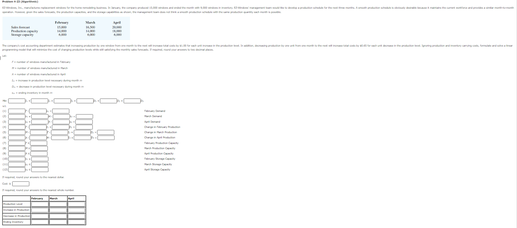 Problem 4-23 (Algorithmic) EZ-Windows, Inc.,