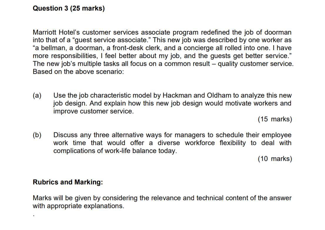 Question 3 (25 marks) Marriott Hotel's customer