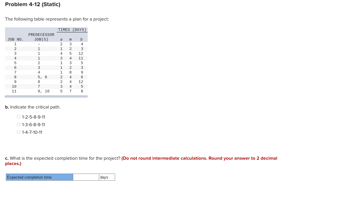 Problem 4-12 (Static) The following table
