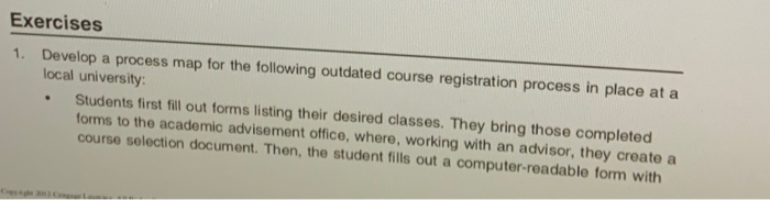 Exercises 1. Develop a process map for the