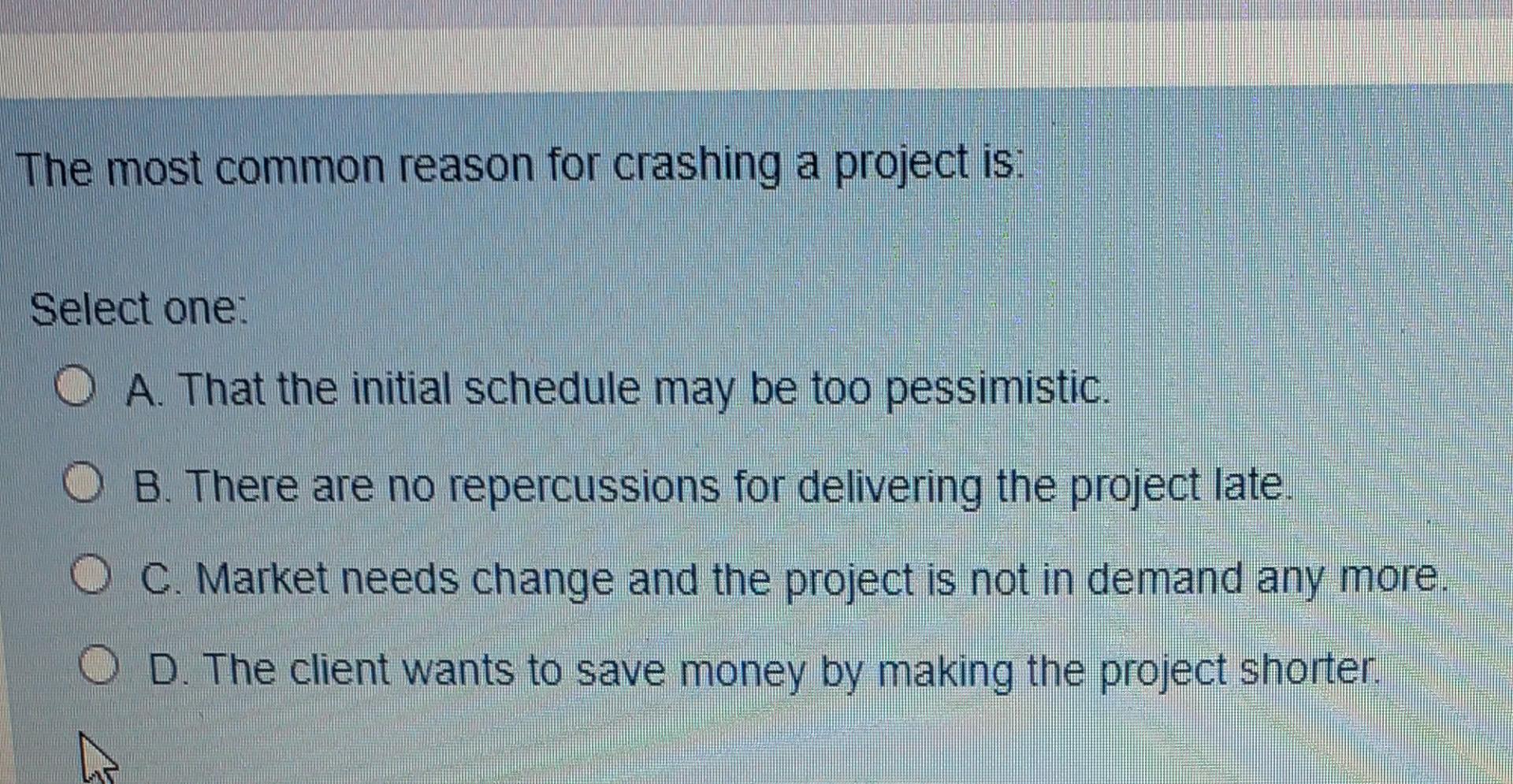 The most common reason for crashing a project is: