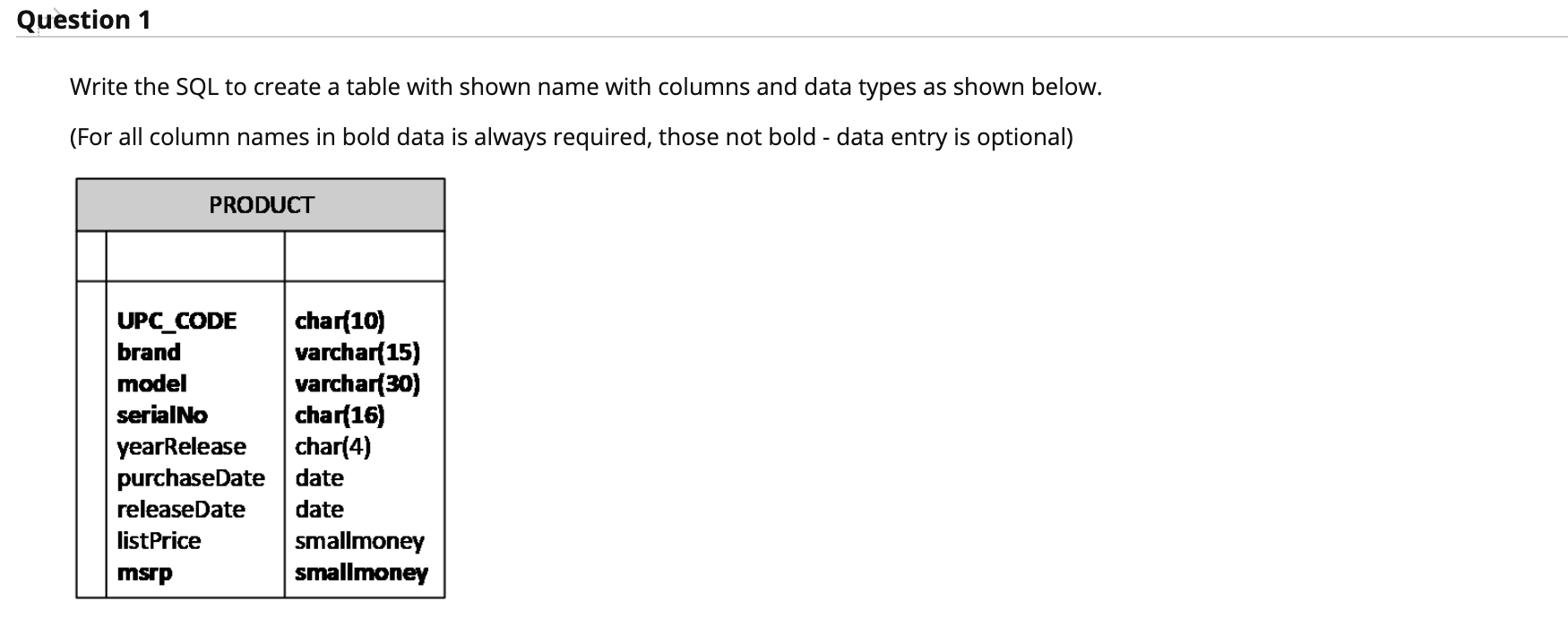 Question 1 Write the SQL to create a table with
