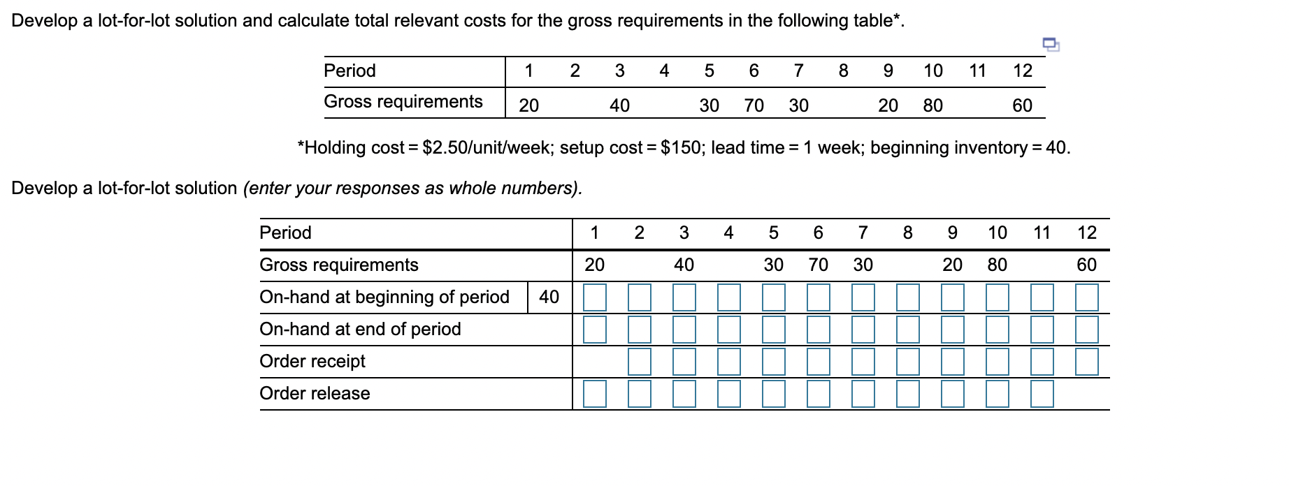 Develop a lot-for-lot solution and calculate