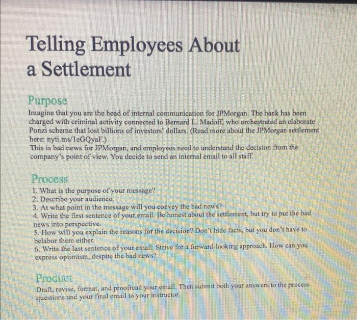 Telling Employees About a Settlement Purpose