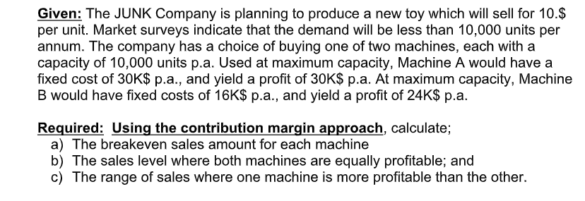 Given: The JUNK Company is planning to produce a