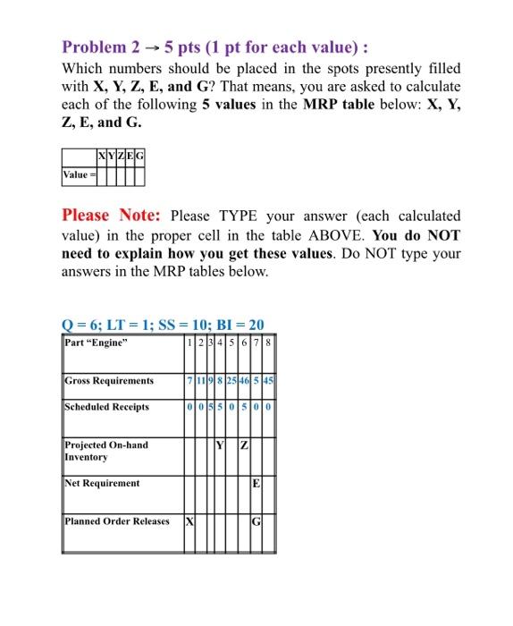 Problem 2 - 5 pts (1 pt for each value) : Which