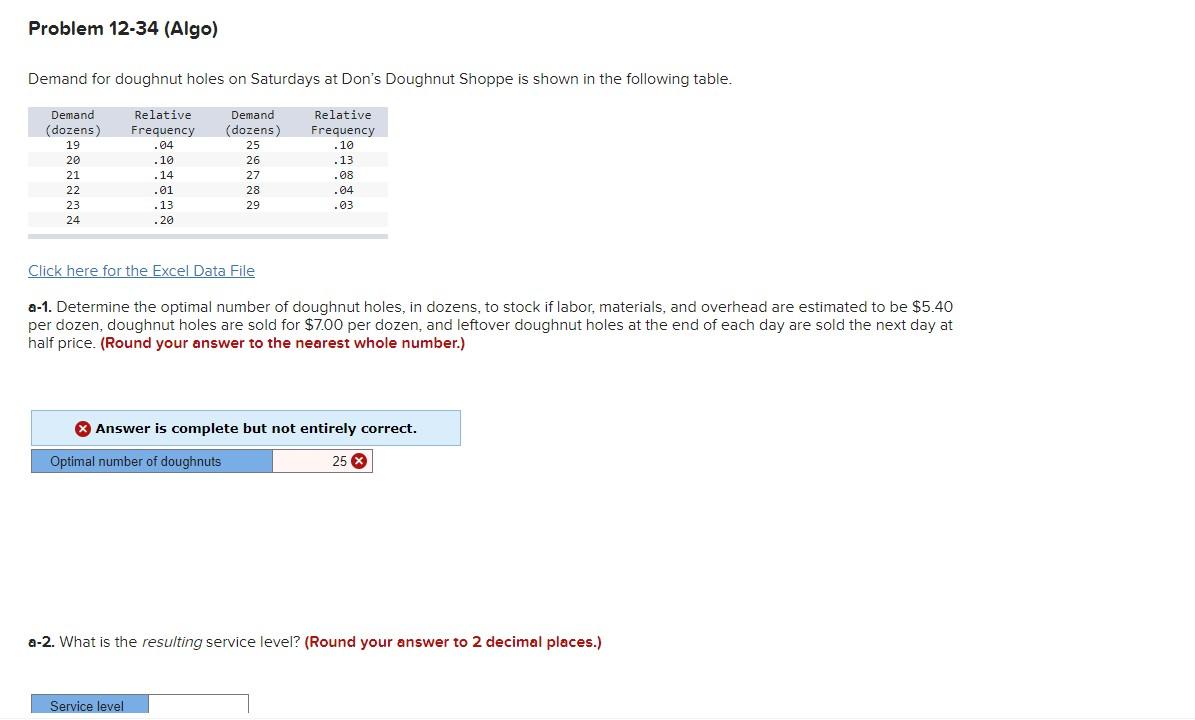Problem 12-34 (Algo) Demand for doughnut holes on