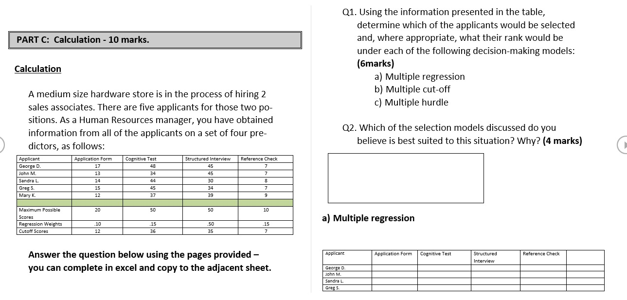 PART C: Calculation - 10 marks. Q1. Using the