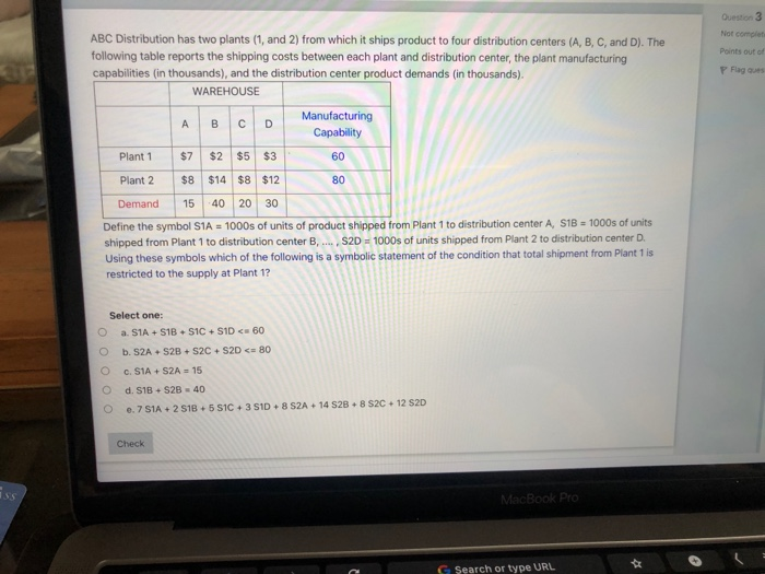 Question 3 Not complet Points out P Flag ques ABC