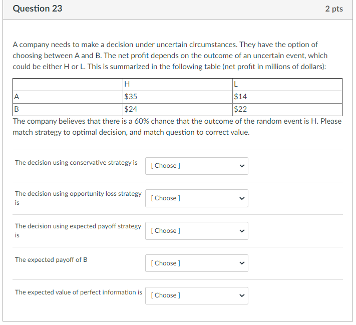 Question 23 2 pts A company needs to make a