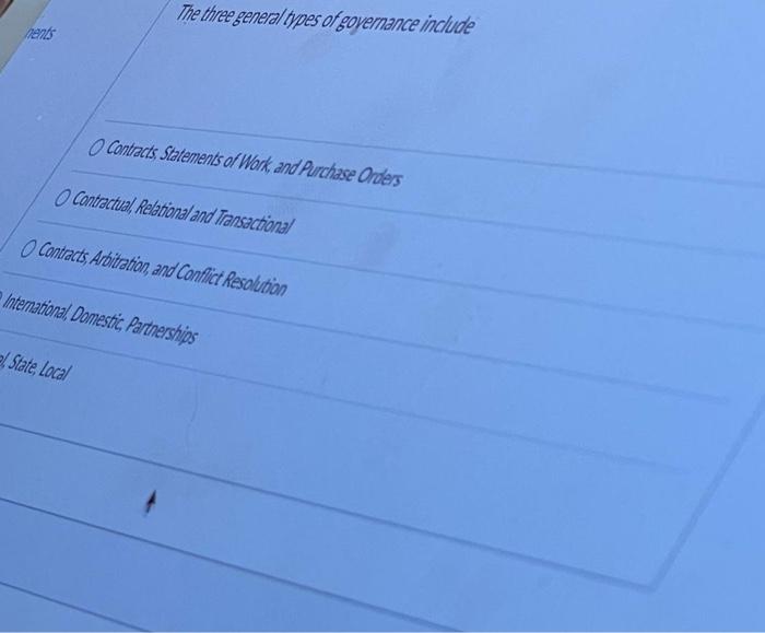 The three general types of governance include O