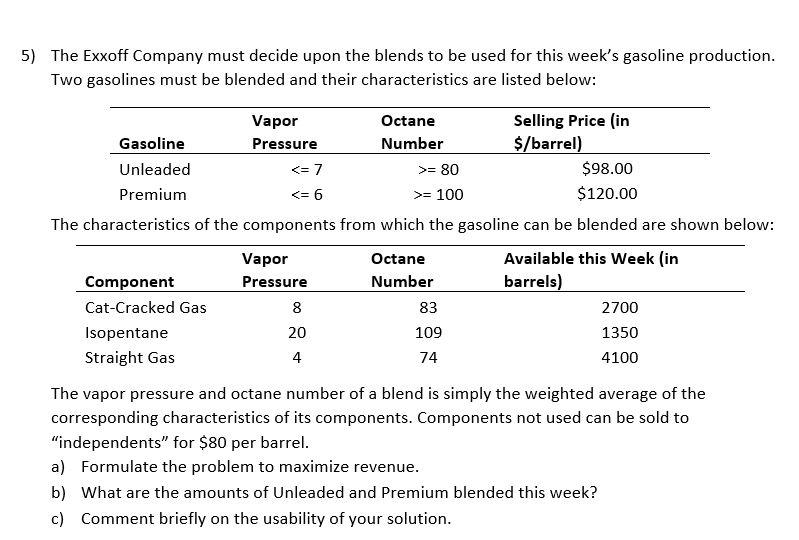 5) The Exxoff Company must decide upon the blends