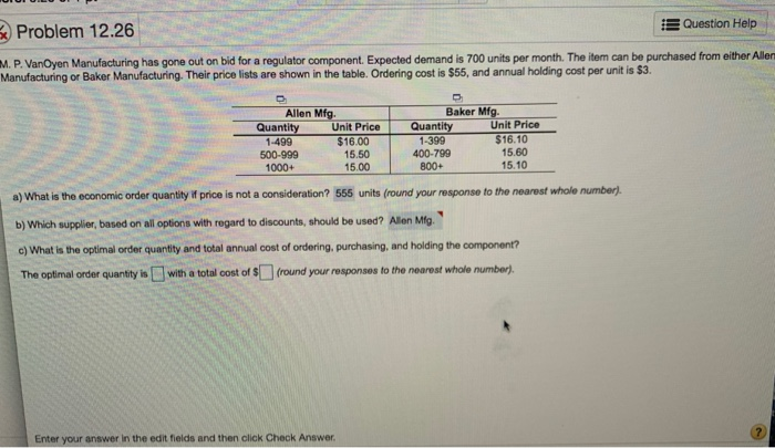Problem 12.26 I Question Help M. P. Van Oyen