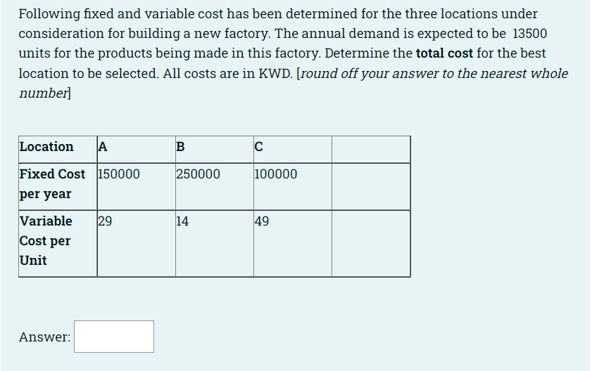 Following fixed and variable cost has been