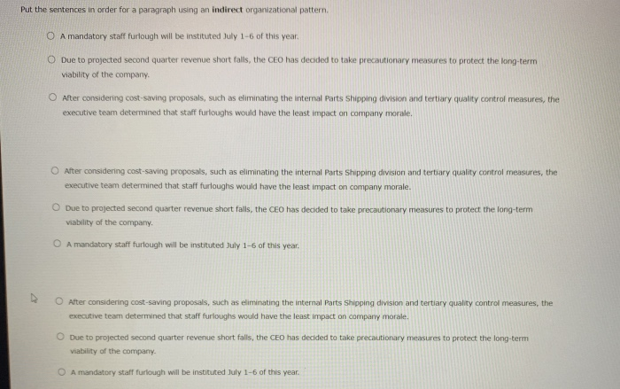 Put the sentences in order for a paragraph using