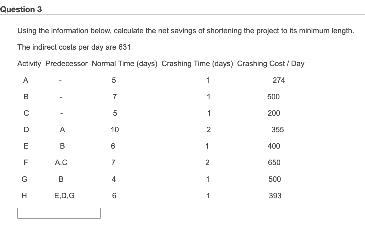 Question 3 Using the information below, calculate