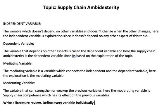 Topic: Supply Chain Ambidexterity INDEPENDENT