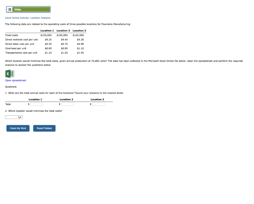 Video Excel Online Activity: Location Analysis