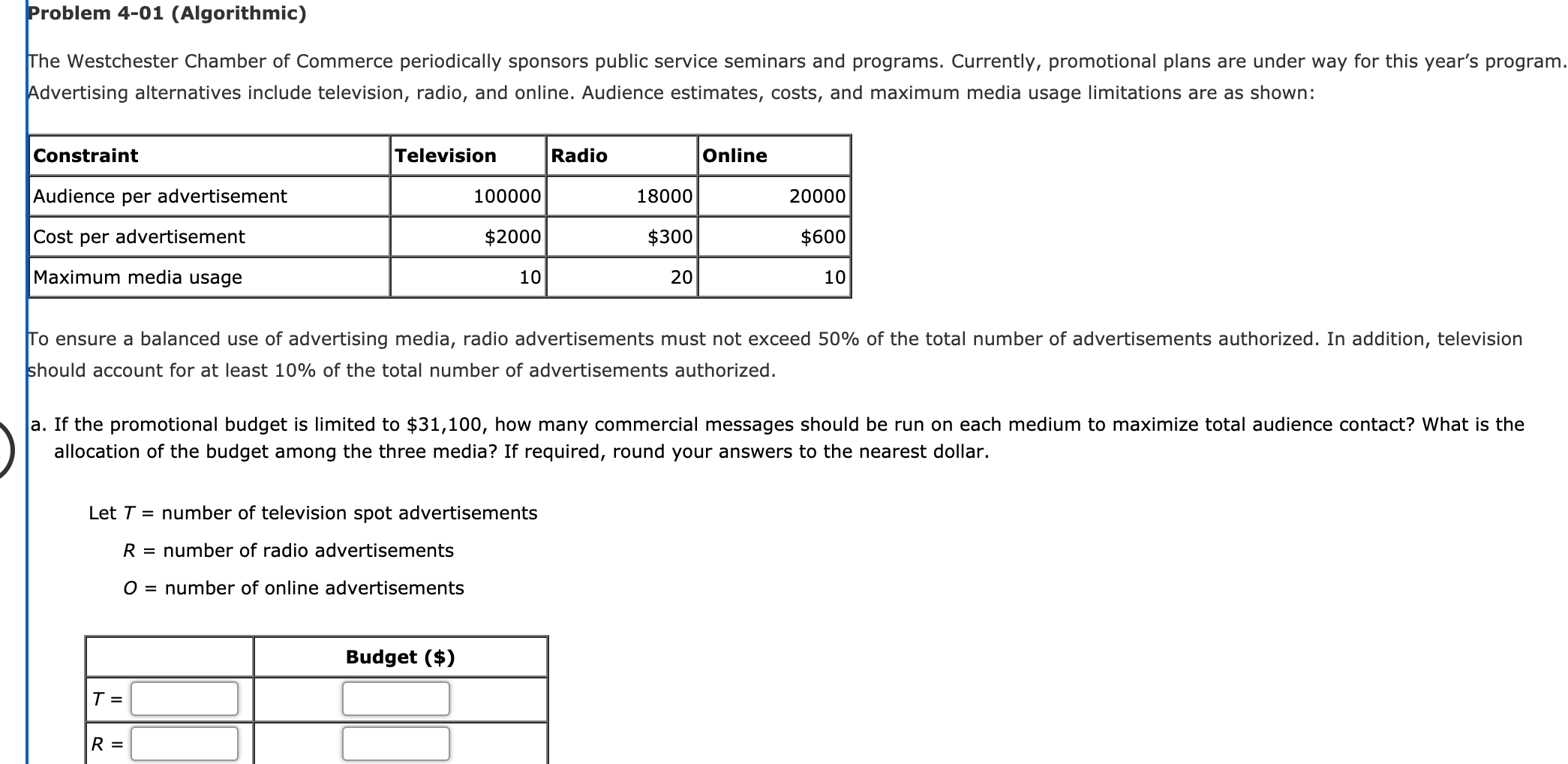 Problem 4-01 (Algorithmic) The Westchester