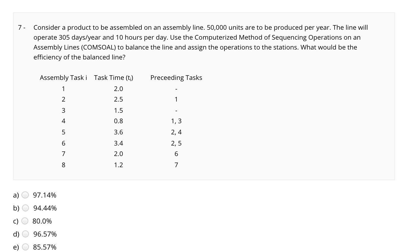 7 - Consider a product to be assembled on an