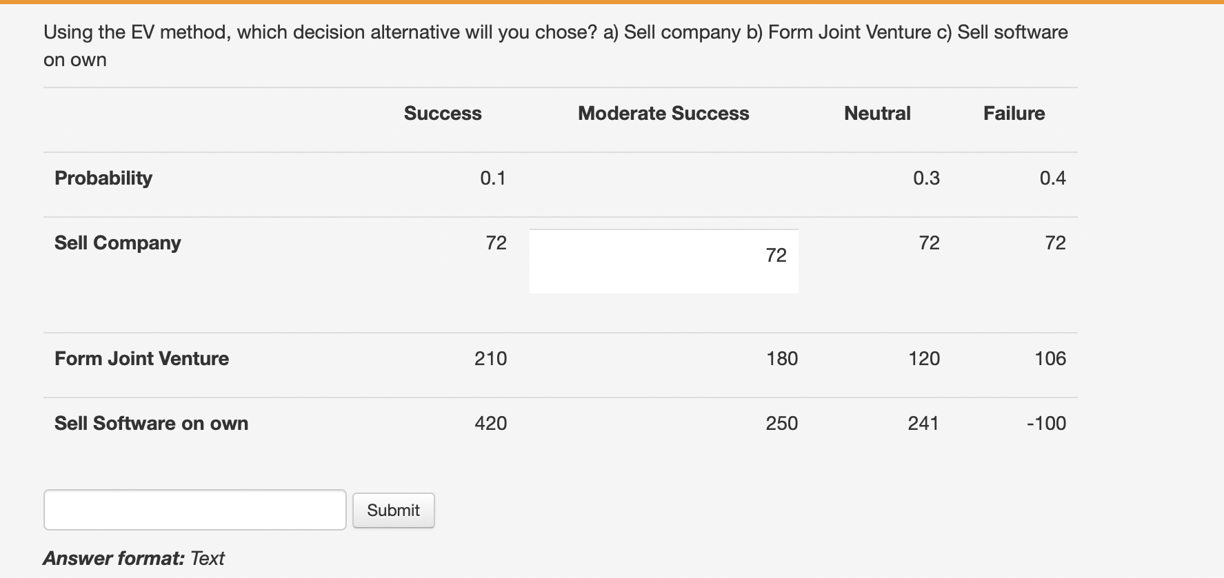 Using the EV method, which decision alternative