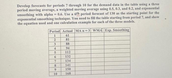 Develop forecasts for periods 7 through 10 for