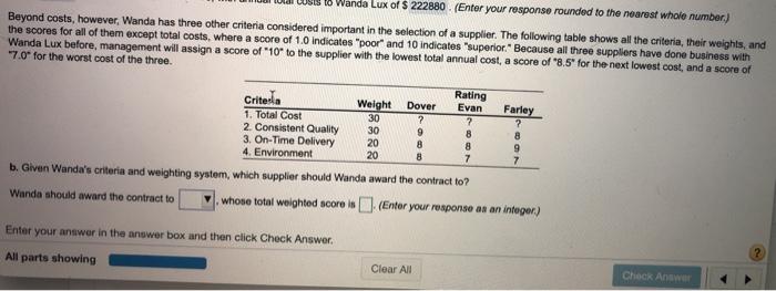 Wanda Lux must select a supplier for a plastic