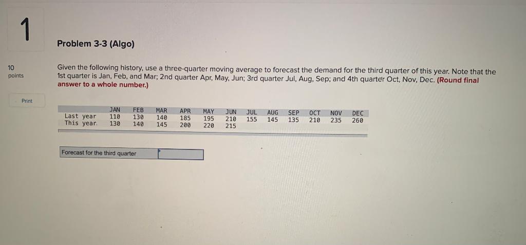 Problem 3-3 (Algo) 10 points Given the following