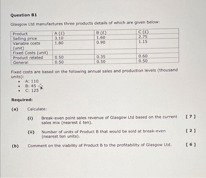 Question B1 Glasgow Ltd manufactures three