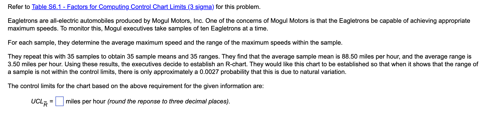 Definition Refer to Table S6.1 - Factors for