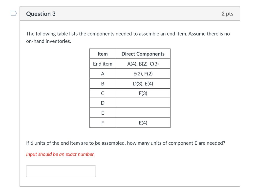 Question 3 2 pts The following table lists the
