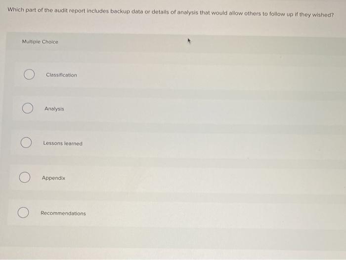 Which part of the audit report includes backup