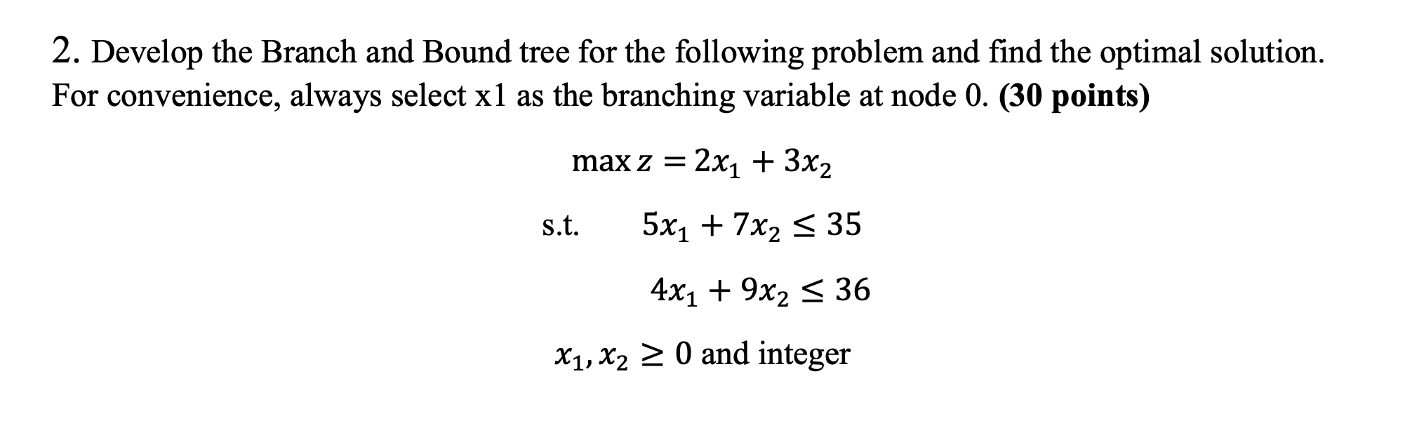 2. Develop the Branch and Bound tree for the