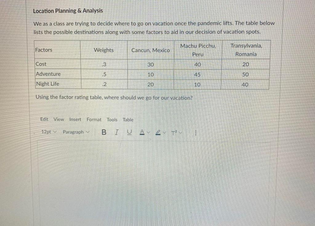Location Planning & Analysis We as a class are
