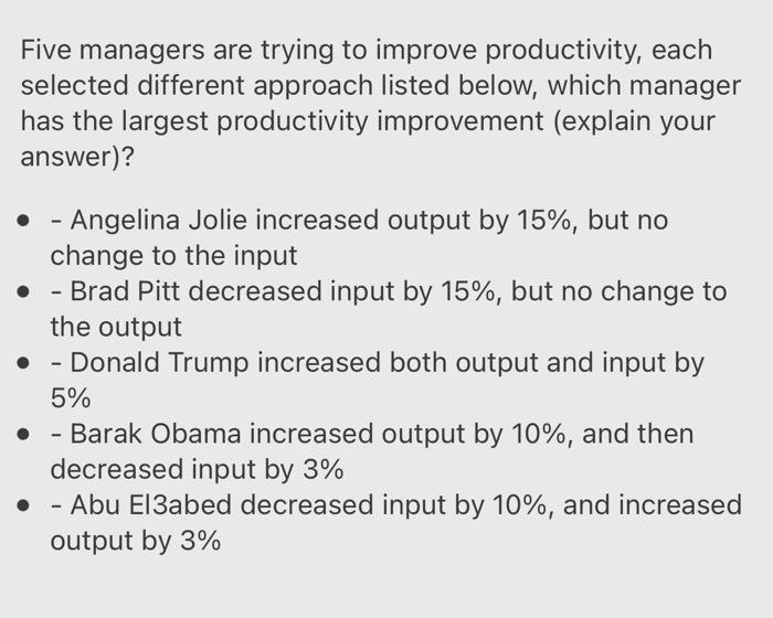 Five managers are trying to improve productivity,