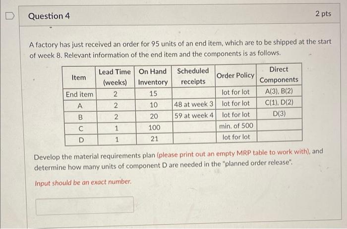 Question 4 2 pts A factory has just received an