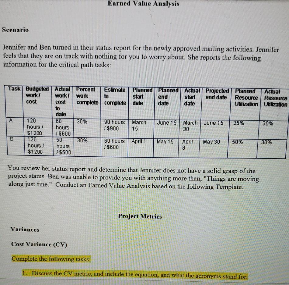 Earned Value Analysis Scenario Jennifer and Ben