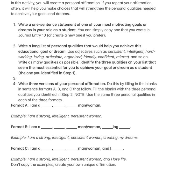 In this activity, you will create a personal