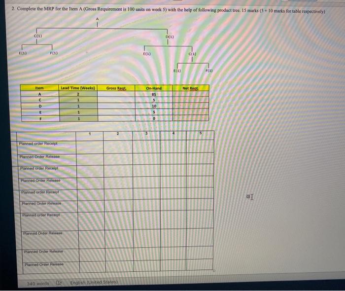 2. Complete the MRP for the Item A (Gross
