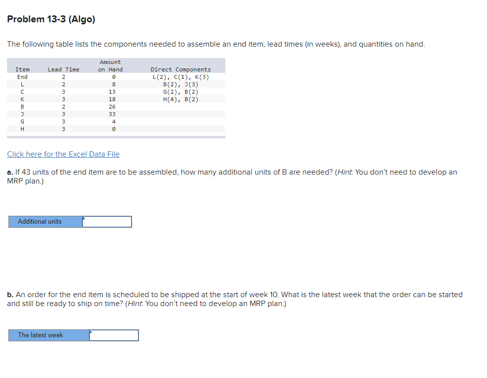 Problem 13-3 (Algo) The following table lists the