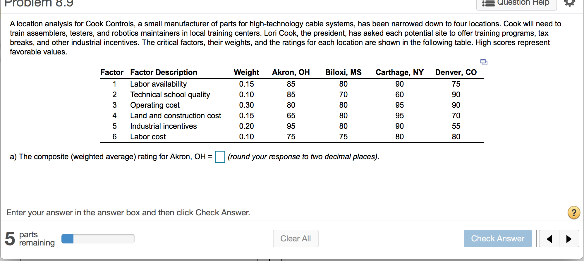 Problem 8.9 * Question Help A location analysis