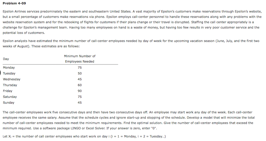 Problem 4-09 Epsilon Airlines services