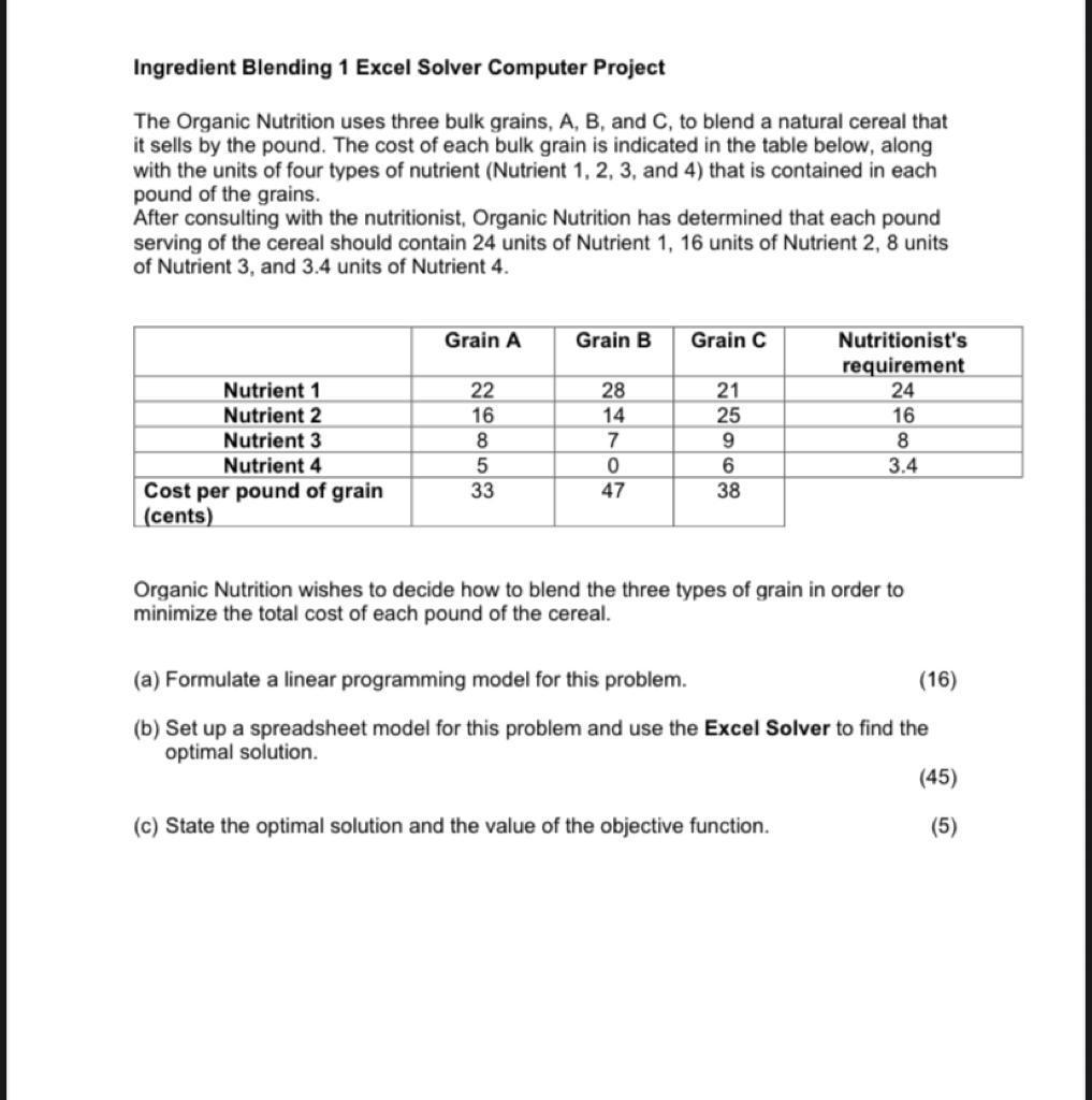 Ingredient Blending 1 Excel Solver Computer