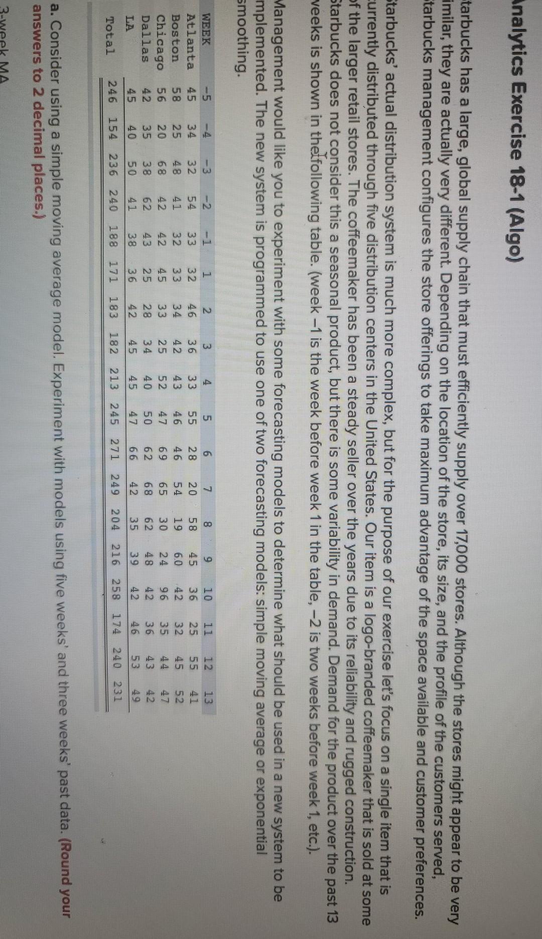 Analytics Exercise 18-1 (Algo) tarbucks has a