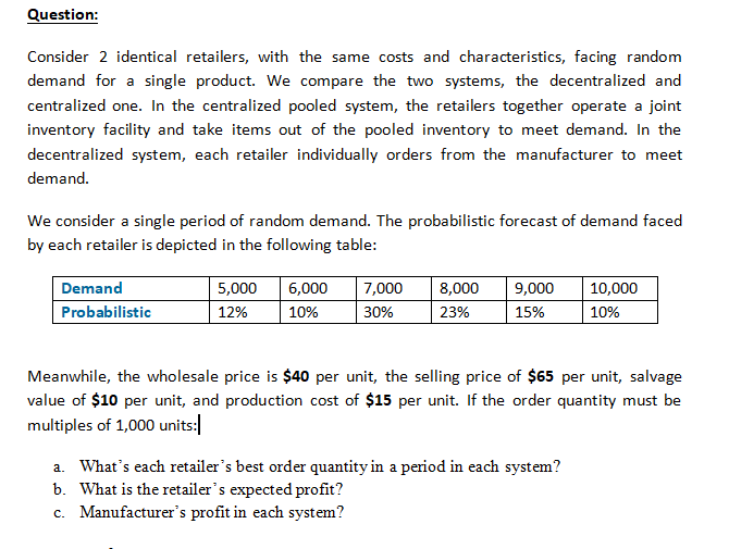 Question: Consider 2 identical retailers, with